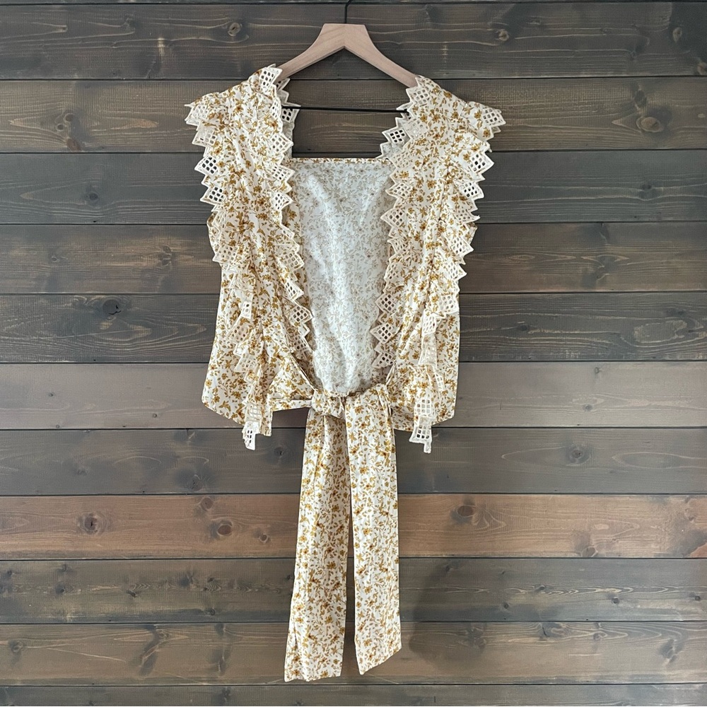 Blue Tassel Reversible Tieback Blouse w/ Crocheted Fringe - Picture 3 of 7